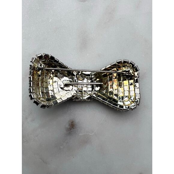 Vintage Dark Blue Rhinestone Jeweled Bow Tie Brooch Pin - Picture 2 of 3